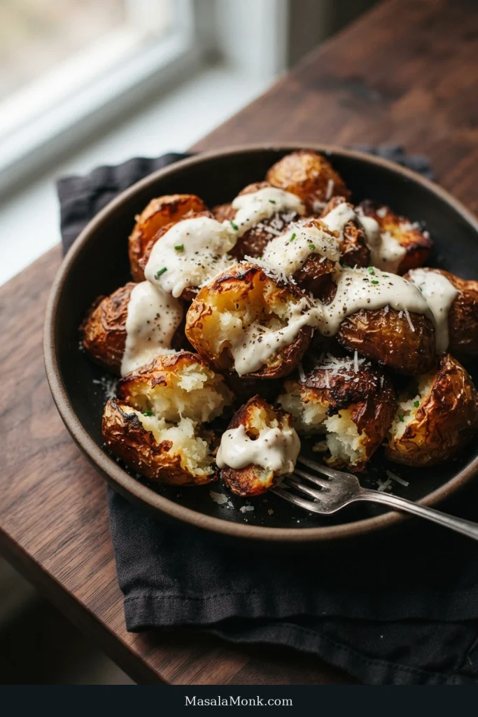 Golden roasted potatoes with crisp browned edges are drizzled with Caesar dressing, Parmesan and black pepper.