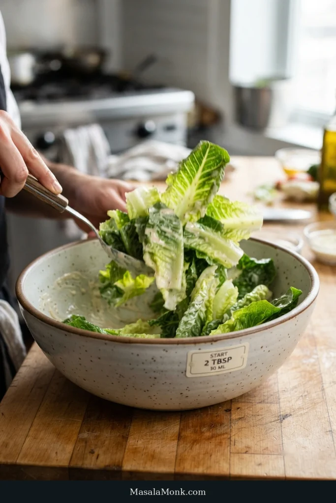 Romaine is being tossed with Caesar dressing in a bowl beside the label “Start: 2 Tbsp / 30 ml.”