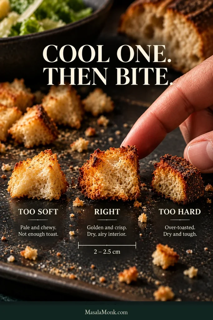 Three croutons compared as pale and soft, golden and crisp, and dark and hard, with the golden middle crouton shown as the correct doneness.