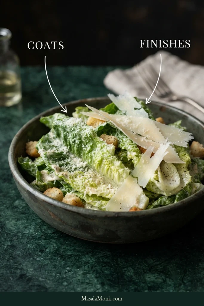 Caesar salad with arrows distinguishing finely grated Parmesan coating the lettuce from broad Parmesan shavings added on top.