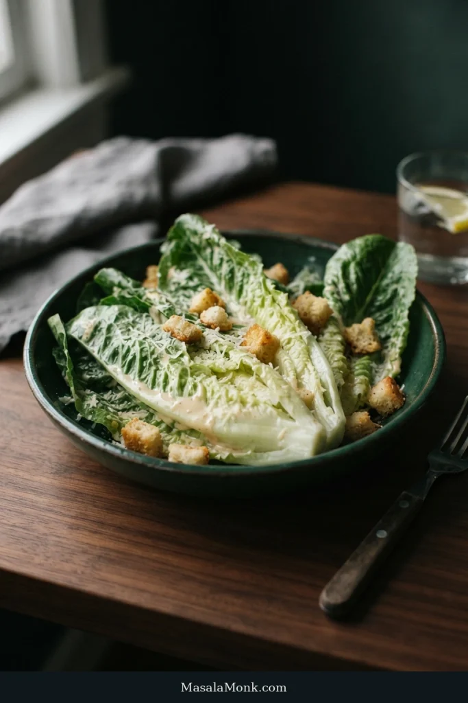 Crisp romaine leaves in a Caesar salad are lightly coated with dressing and topped with Parmesan and a few croutons.
