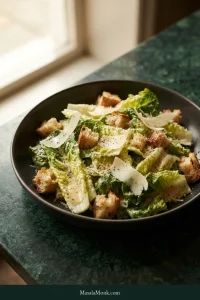 Black bowl of Caesar salad with dressed romaine, golden croutons, shaved Parmesan and black pepper on a dark green stone surface.