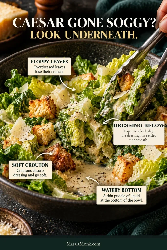 Caesar salad with callouts pointing to floppy leaves, dressing pooled underneath, a softened crouton and watery liquid at the bottom of the bowl.