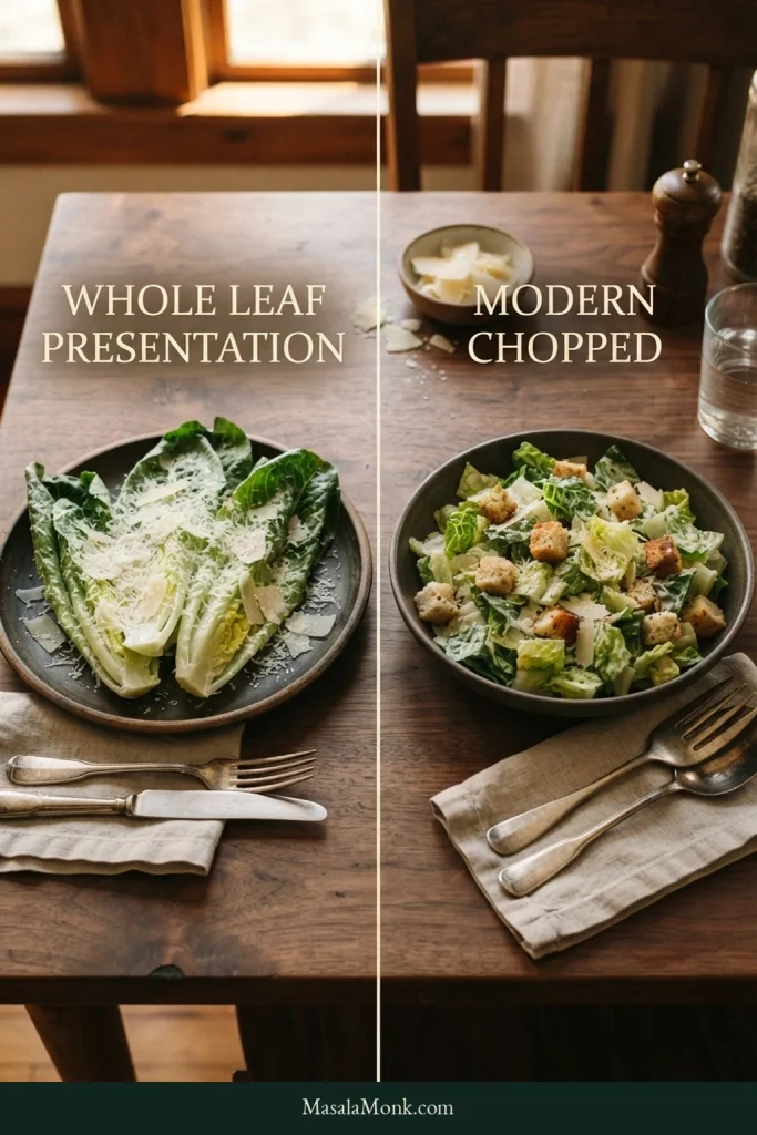 Split dining scene comparing dressed whole romaine leaves on a plate with chopped Caesar salad served in a bowl.