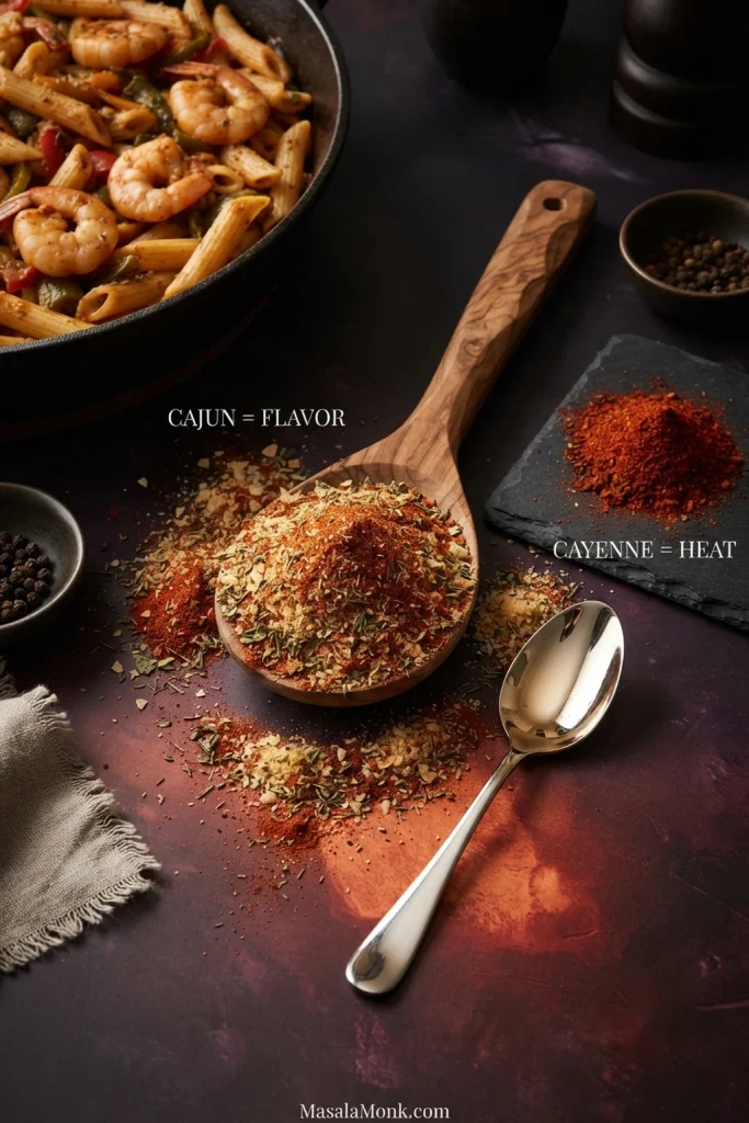 Wooden spoon holding a reddish Cajun spice blend beside a smaller mound of bright red cayenne pepper, with shrimp pasta blurred in the background.