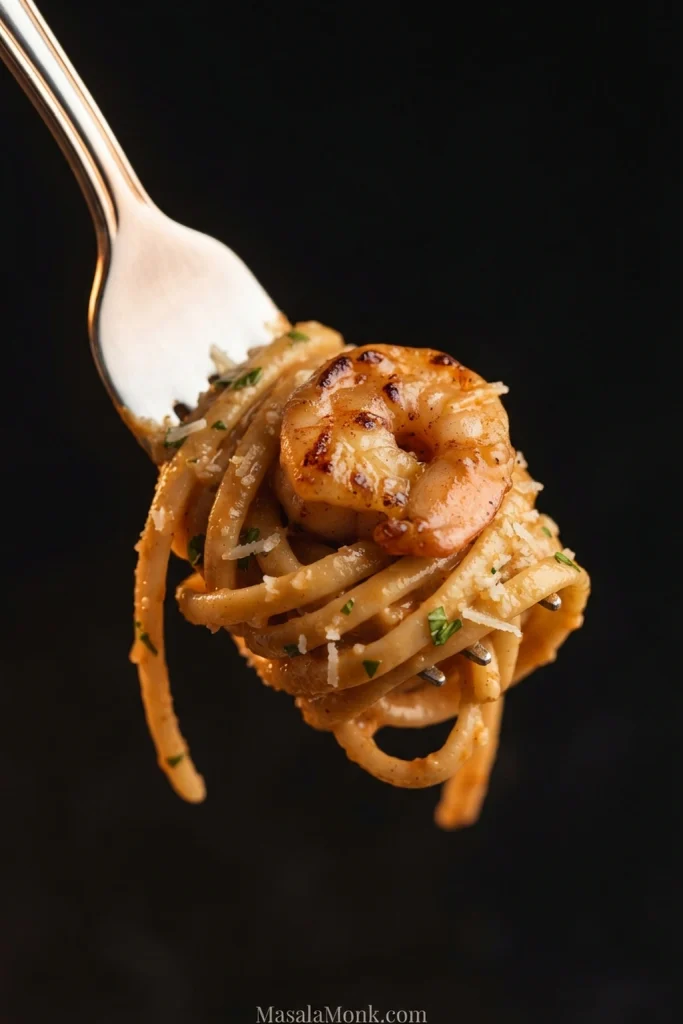 Fork holding a twirl of creamy linguine with one browned shrimp and small parsley flecks against a dark background.