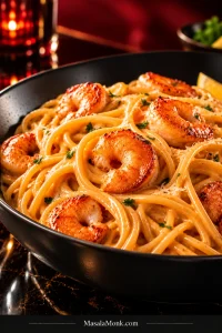 Black skillet filled with linguine coated in glossy rust-orange cream sauce, topped with browned shrimp and chopped parsley.