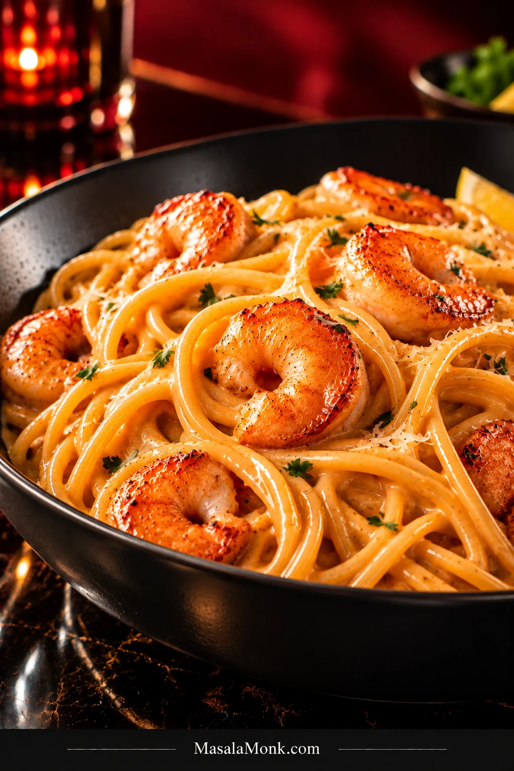 Black skillet filled with linguine coated in glossy rust-orange cream sauce, topped with browned shrimp and chopped parsley.