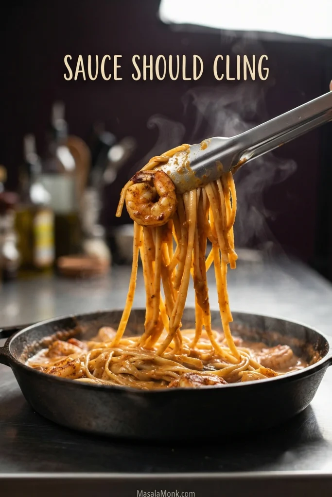 Metal tongs lifting glossy sauced linguine and a browned shrimp above a skillet of creamy Cajun shrimp pasta.