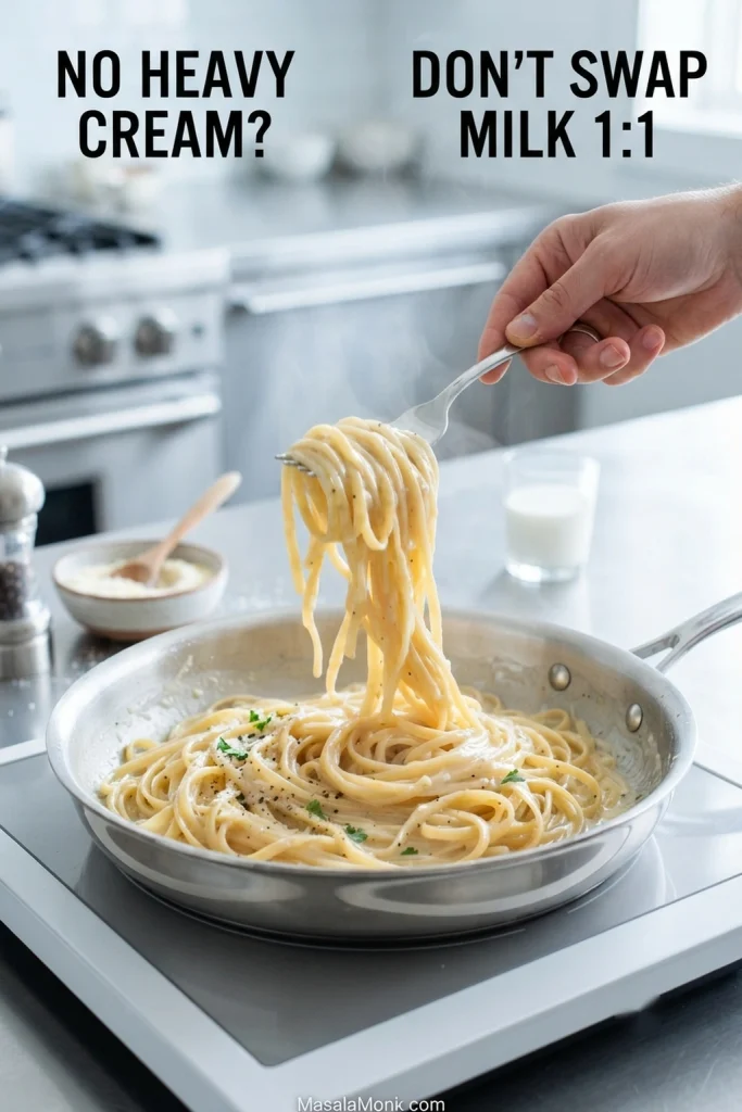 Hand lifting creamy linguine from a silver skillet in a bright kitchen, with text reading “No heavy cream? Don’t swap milk 1:1.”