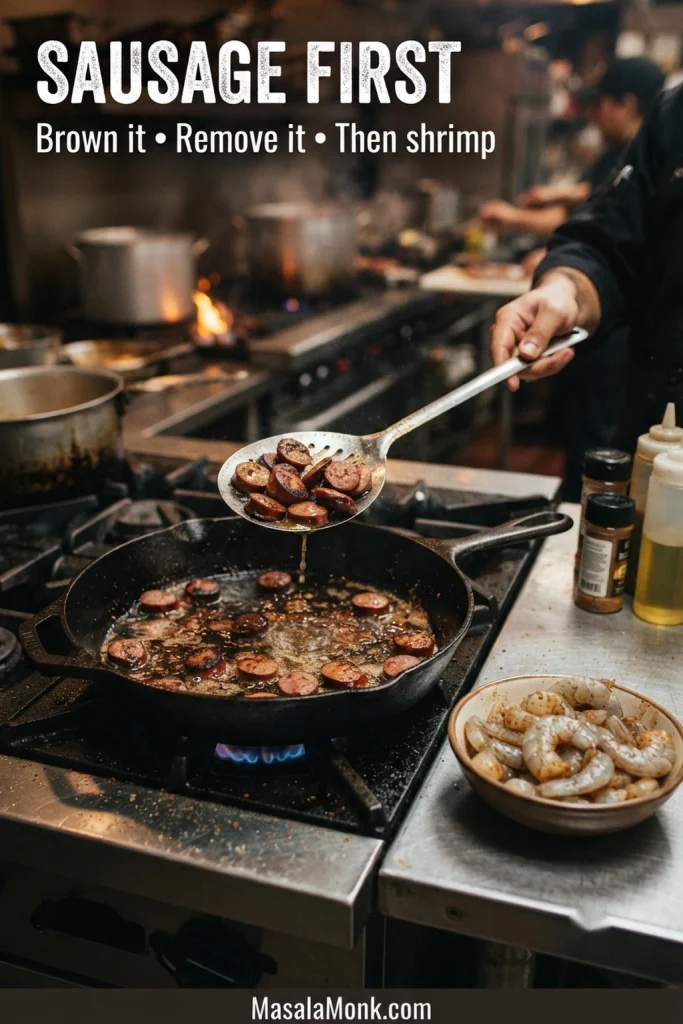 Cook lifting browned sausage slices from a black skillet while a bowl of raw peeled shrimp sits beside the stove.