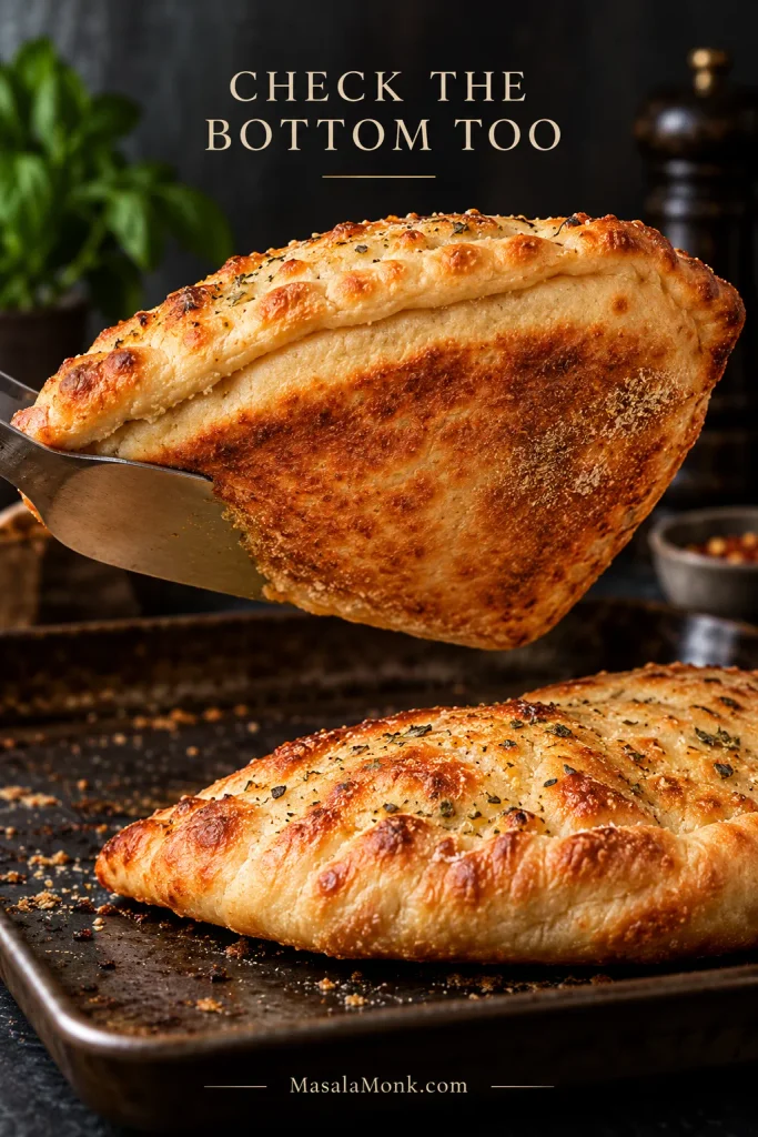 Golden baked calzone lifted on a metal spatula to reveal a firm, evenly browned underside, with another baked calzone resting below. Text reads ‘Check the bottom too.’