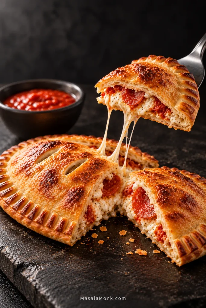 Small cut piece of golden pepperoni calzone lifted on a metal server, with a few narrow strands of melted mozzarella stretching from the creamy ricotta, pepperoni and tomato filling below.