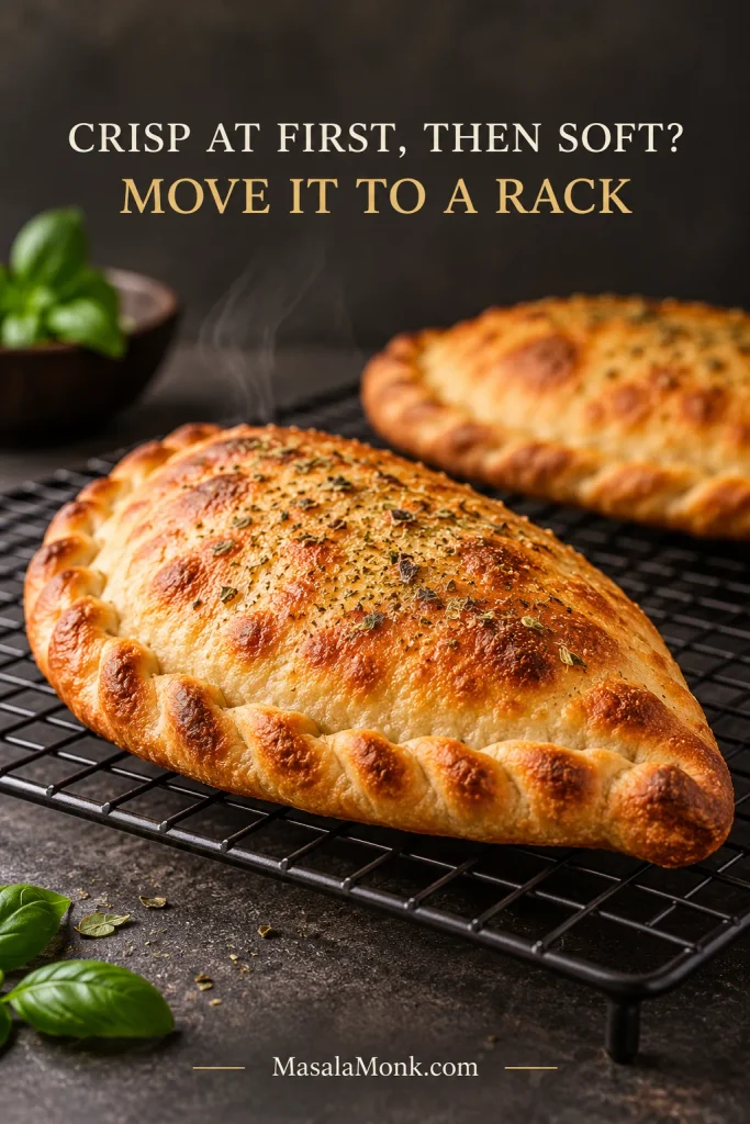 Freshly baked golden calzone resting on a raised dark wire cooling rack so air can circulate beneath it, with a second calzone behind. Text reads ‘Crisp at first, then soft? Move it to a rack.’