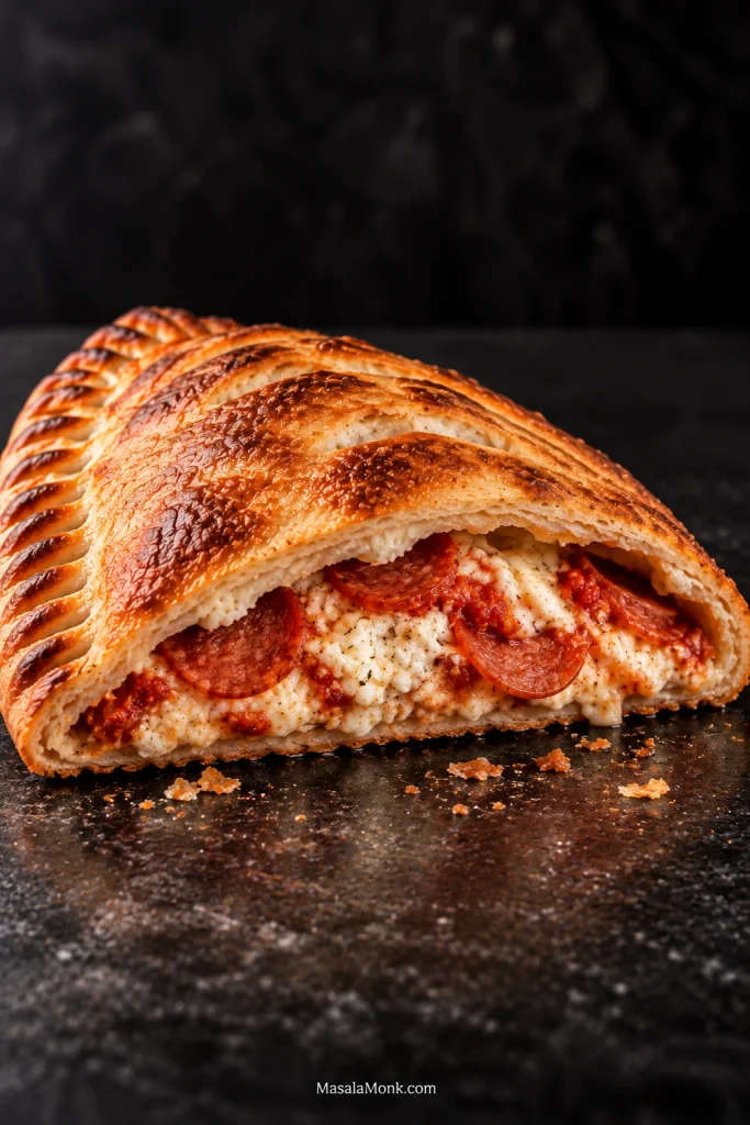 Close cross-section of a baked pepperoni calzone showing thin golden crust, cooked inner crumb, creamy ricotta and mozzarella, pepperoni slices and a small amount of tomato sauce without pooled liquid.