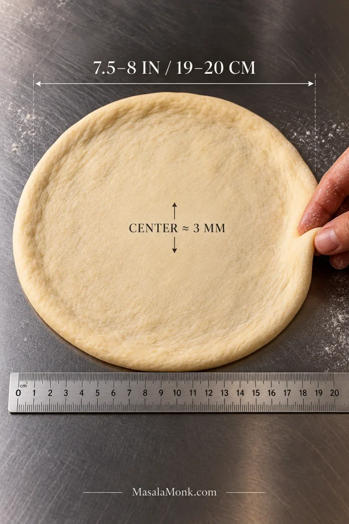 Raw pizza dough round beside a centimeter ruler, measuring about 19–20 centimeters across, with a slightly thicker outer rim. Text marks the center at approximately 3 millimeters thick.