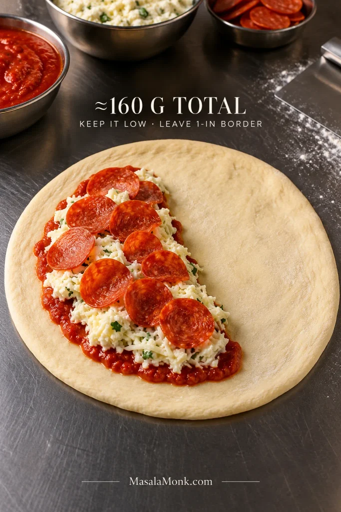 Round of raw pizza dough with pepperoni, ricotta-mozzarella filling and marinara arranged over one half, leaving the other half empty and a clean border around the edge. Text notes approximately 160 grams total filling and a 1-inch border.