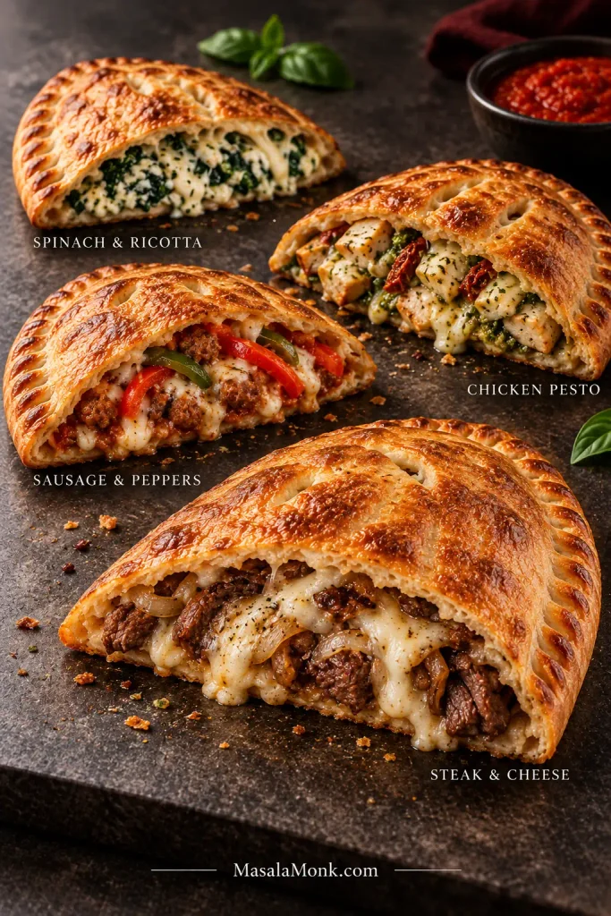 Four sliced golden calzones with labeled fillings: spinach and ricotta; sausage with red and green peppers; chicken with pesto and cheese; and steak with melted cheese.