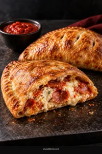 Sliced golden-brown pepperoni calzone with a fork-crimped crust, creamy ricotta and melted mozzarella filling, tomato sauce and pepperoni, with an intact calzone and small bowl of marinara behind it.