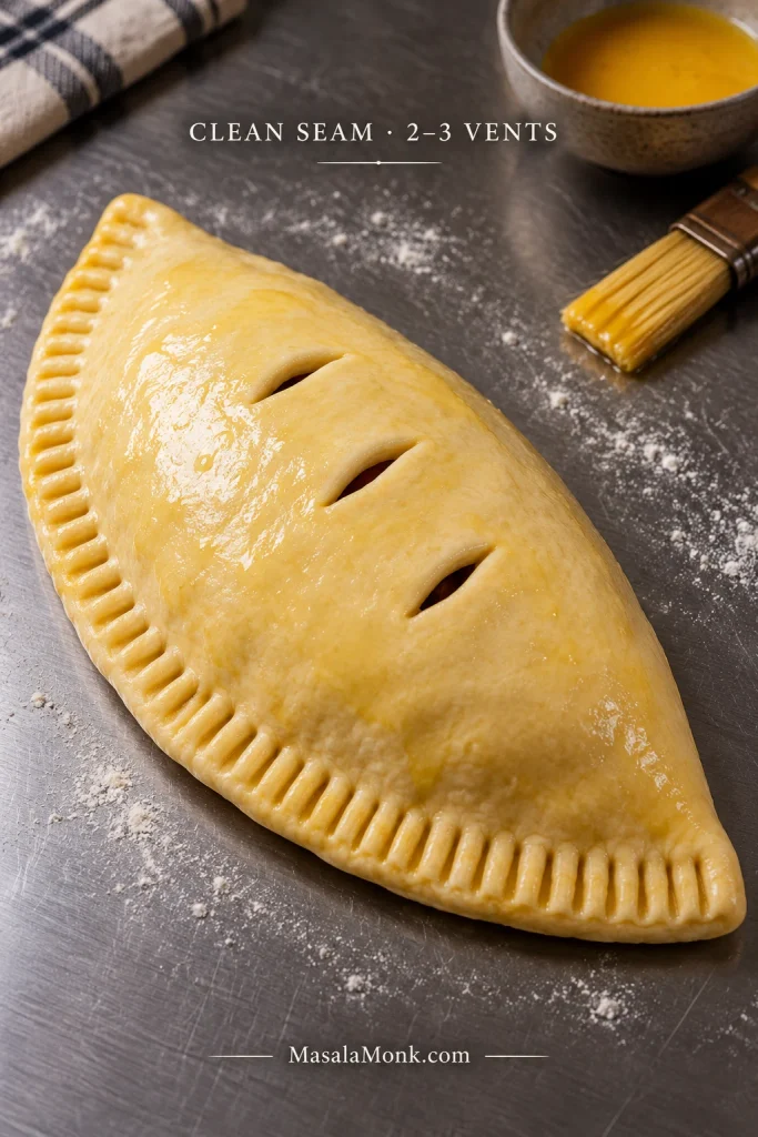 Raw half-moon calzone with a clean fork-crimped edge, glossy egg wash and three short steam vents cut into the top. Text reads ‘Clean seam · 2–3 vents.’