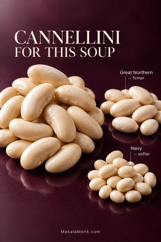 Comparison of large elongated cannellini beans, medium Great Northern beans and smaller navy beans.