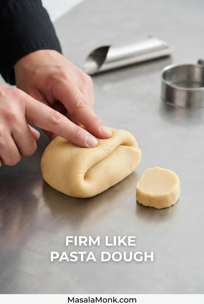 Firm pale cannoli dough being pressed and folded on a work surface beside a metal cannoli form.