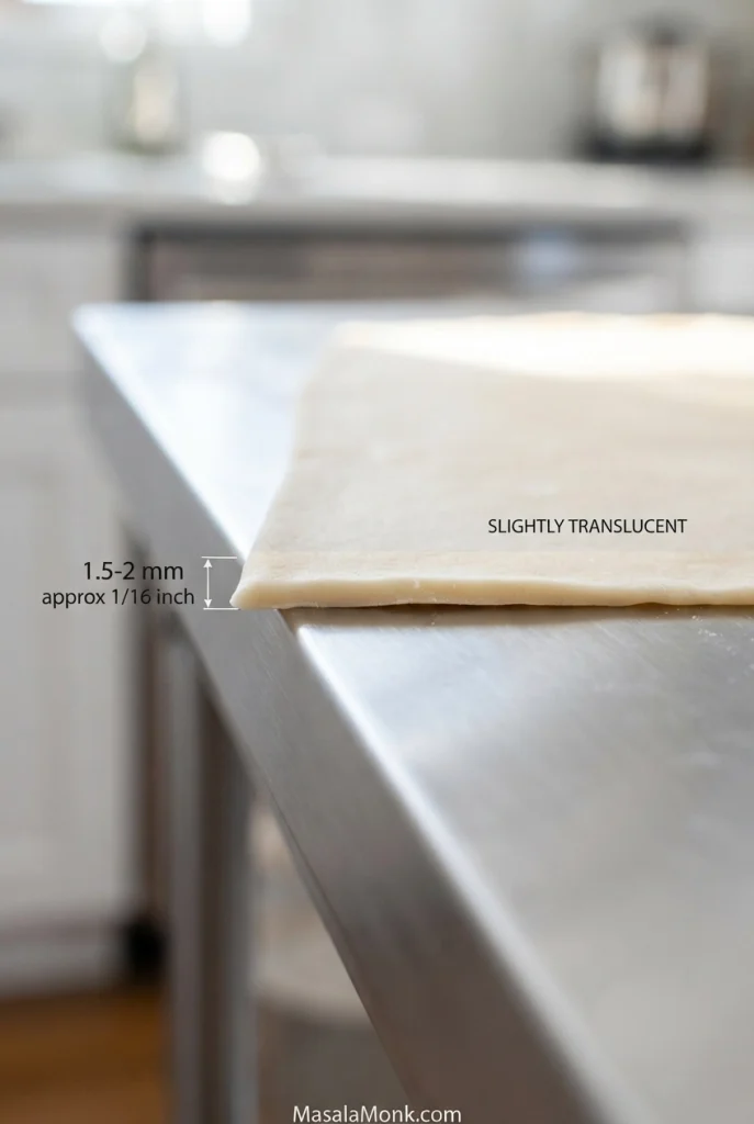 Thin cannoli dough viewed at its edge and labeled 1.5–2 millimeters, or about 1/16 inch.