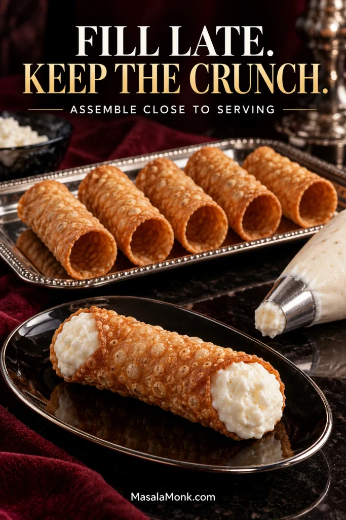 Empty cannoli shells beside a piping bag of ricotta and one freshly filled cannolo ready to serve.