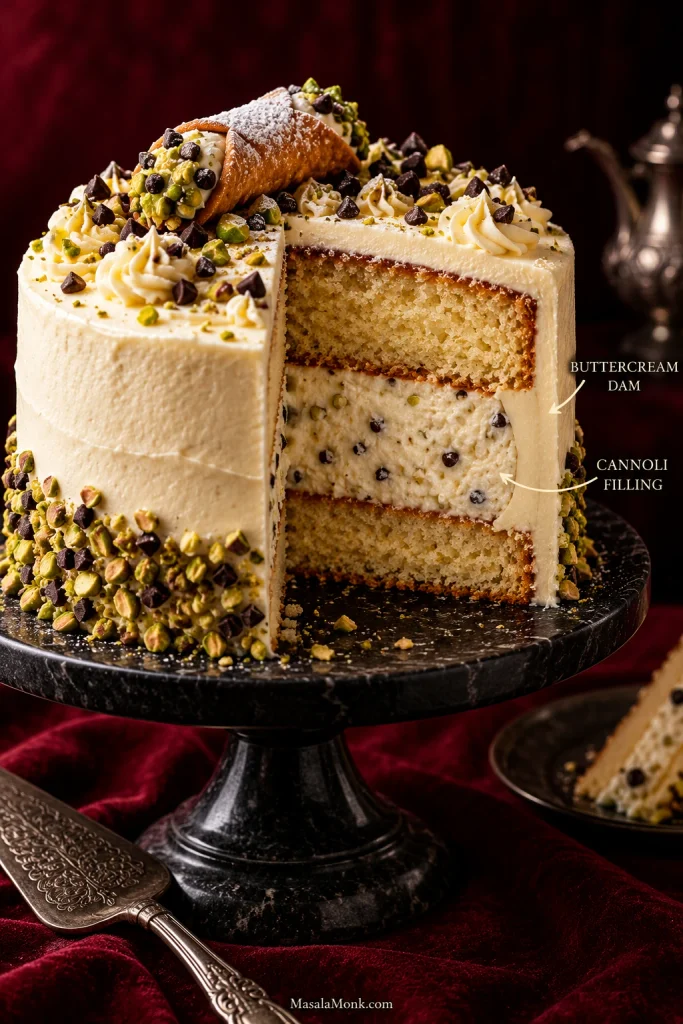Tall cake slice showing pale cannoli cream between layers, contained inside a firmer buttercream border around the perimeter.