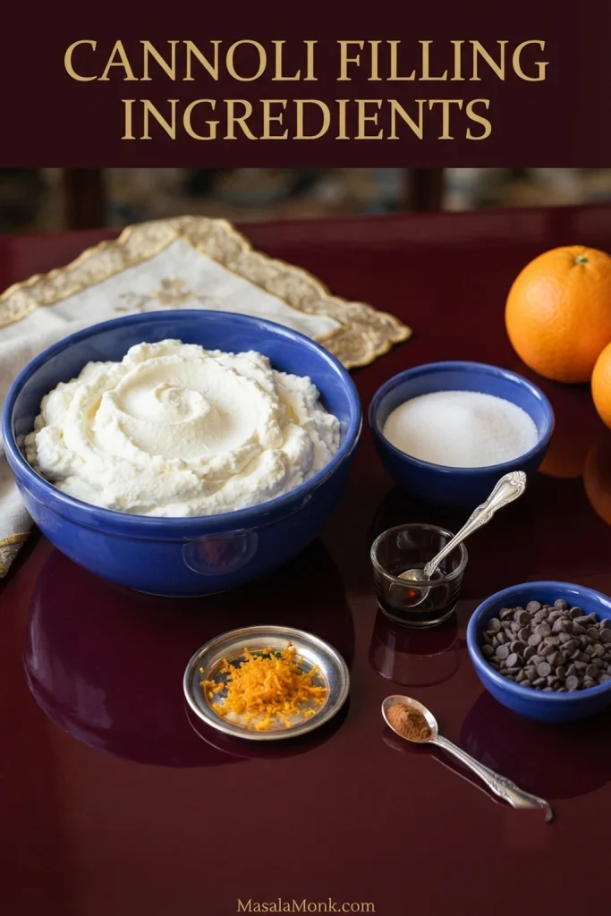Bowl of ricotta surrounded by sugar, orange zest, vanilla and chocolate chips arranged as ingredients for cannoli filling.