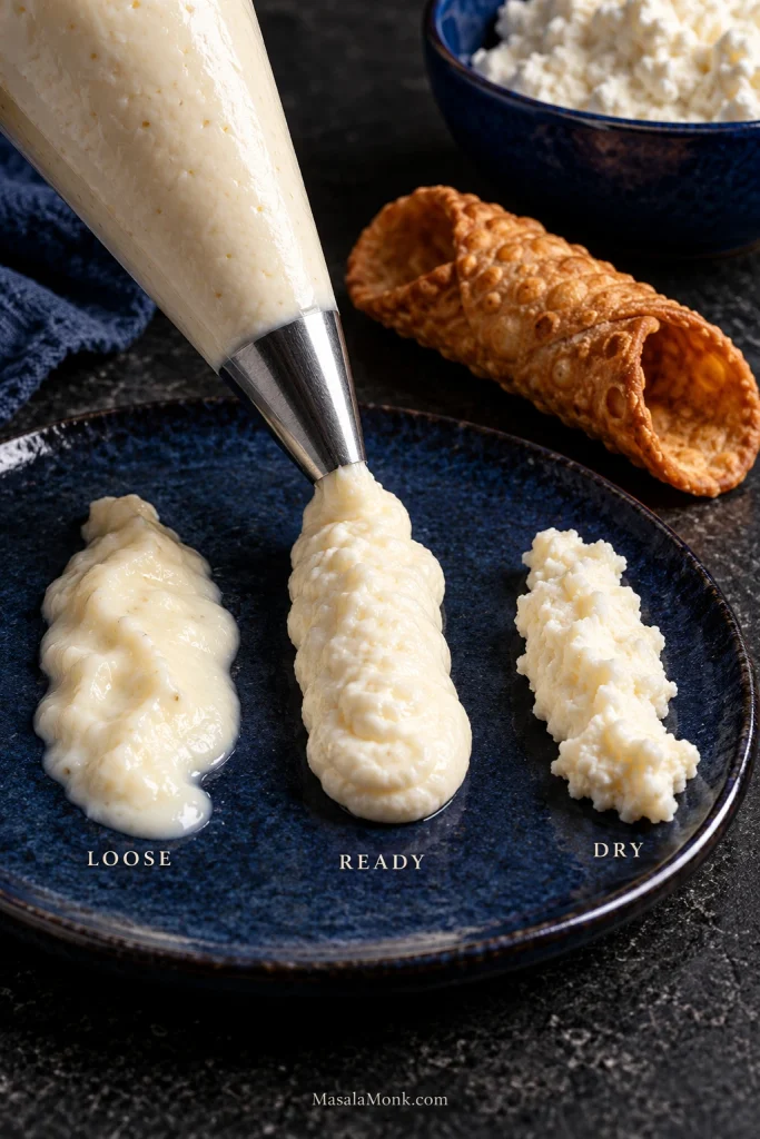 Three piped samples of cannoli filling labeled loose, ready and dry, showing a spreading sample, defined ridges and a rough stiff extrusion.
