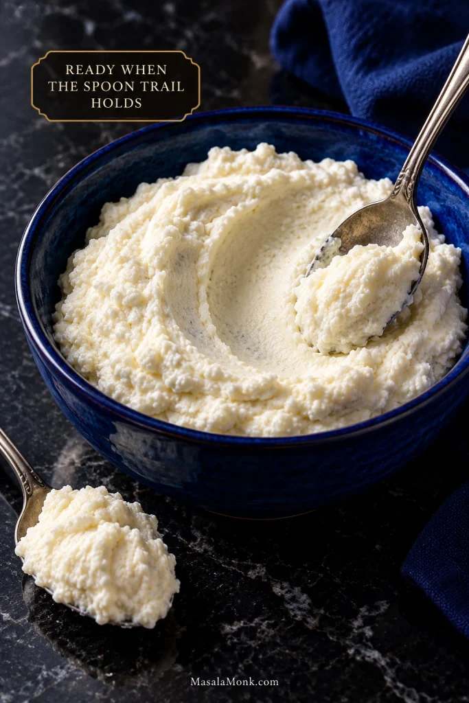 Thick ricotta in a bowl with a spoon-drawn channel that remains open instead of filling with liquid.
