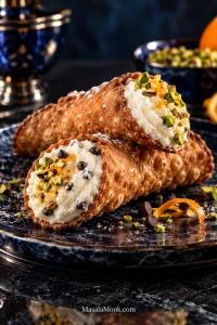 Three blistered cannoli shells filled with white ricotta cream, mini chocolate chips, chopped pistachios and orange zest on a dark blue plate.
