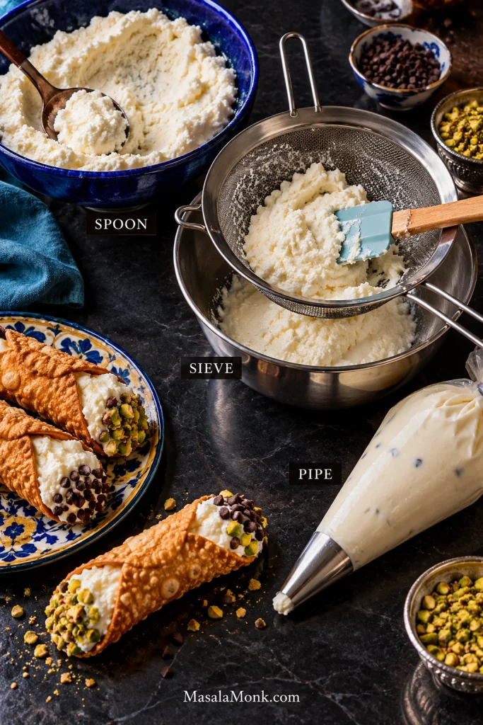 Three-part cannoli filling workflow showing ricotta checked with a spoon, pressed through a sieve and piped from a pastry bag.