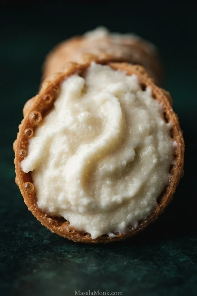 Close-up inside a cannoli shell filled with thick white ricotta cream, showing fine curds and softly defined piping ridges.