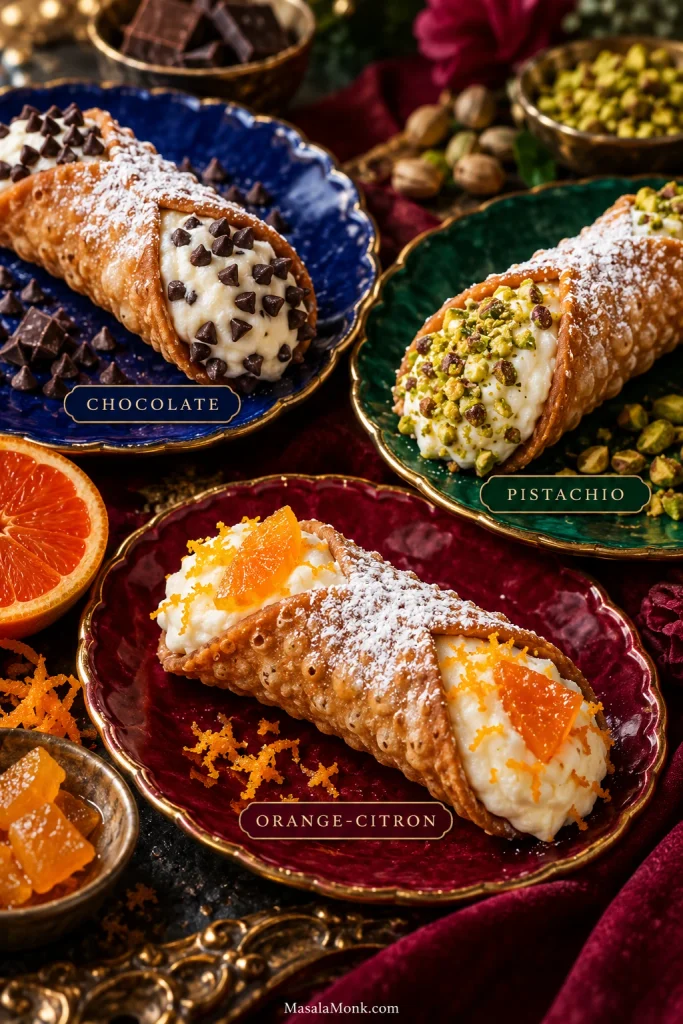 Three cannoli variations featuring chocolate, chopped pistachio and orange-citron finishes around ricotta filling.