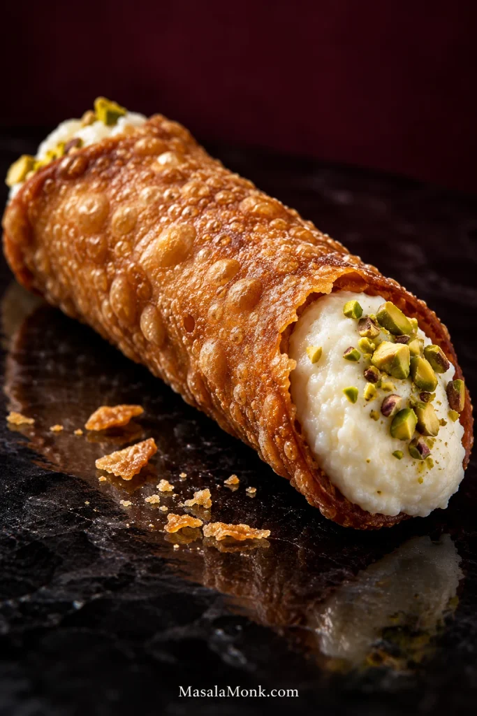 Close-up of one golden cannolo filled with thick ricotta and finished with chopped pistachio on a dark surface.