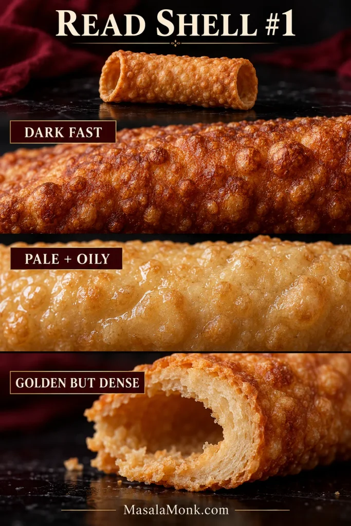 Cannoli shell comparison showing a good golden shell beside dark, pale oily and dense shell examples.