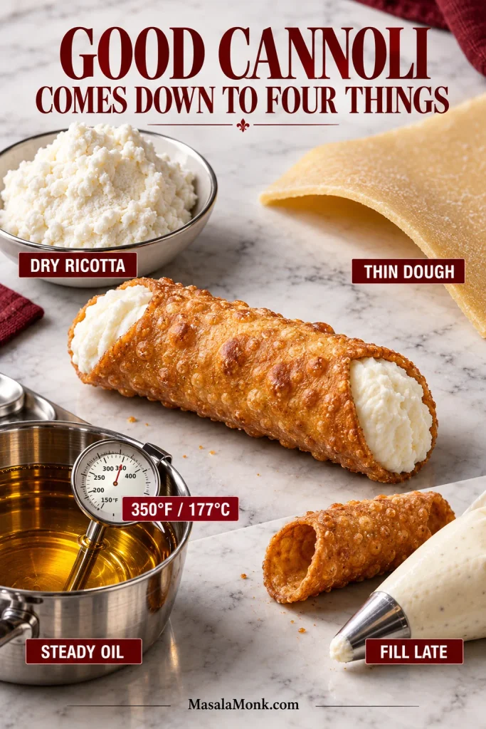 Finished cannolo surrounded by drained ricotta, thin dough, frying oil with thermometer and an empty shell with piping bag.
