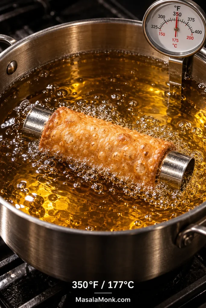 Cannoli shell frying around a metal form in bubbling oil beside a thermometer near 350 degrees Fahrenheit.