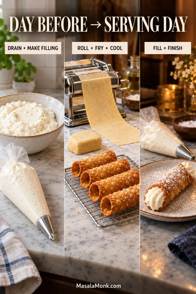 Three-stage cannoli timeline showing ricotta preparation, shell making and final filling before serving.