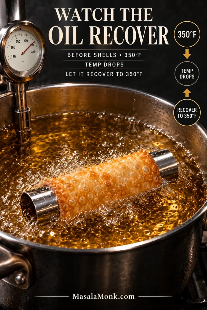 Cannoli frying in oil beside a thermometer graphic showing 350 degrees, a temperature drop and recovery to 350.
