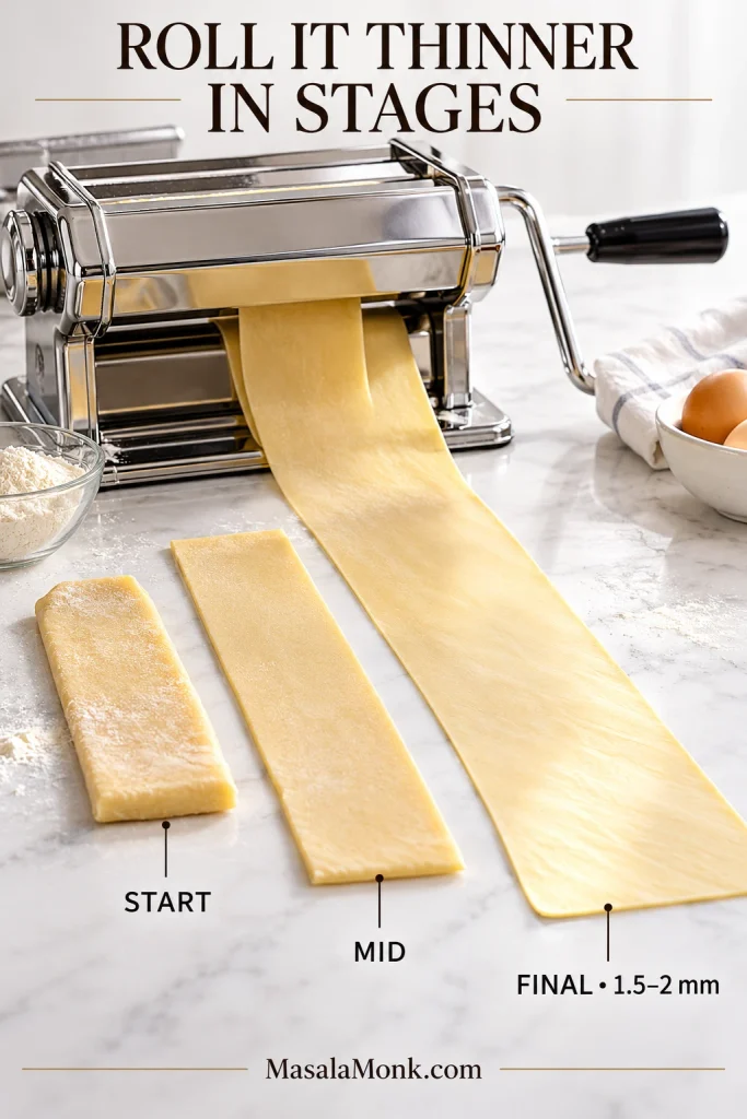 Three stages of cannoli dough becoming progressively thinner beside a pasta machine.