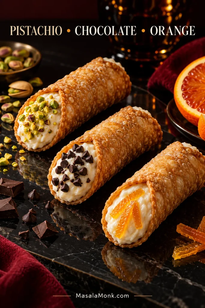 Three ricotta-filled cannoli finished separately with chopped pistachios, mini chocolate chips and candied orange peel.