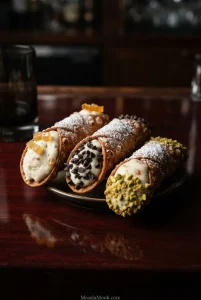 Use the finished cannoli as a visual benchmark: the shell rim should look delicate rather than thick, the ricotta should stay firmly in the open ends, and the garnish should frame the filling instead of covering it.