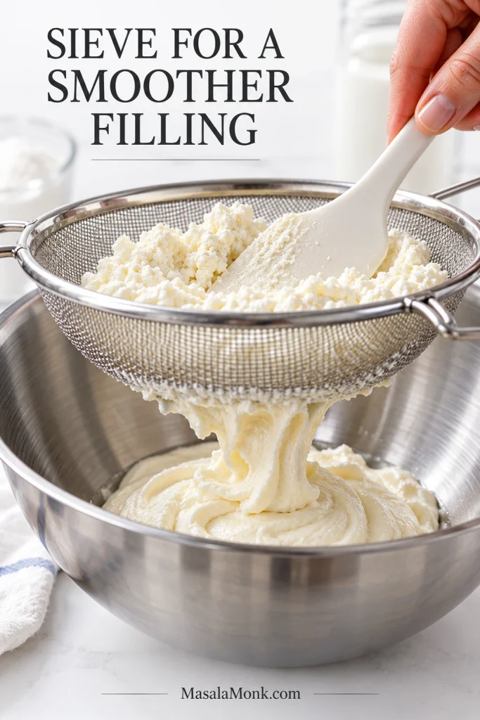 Sweetened ricotta being pressed through a fine metal sieve into a bowl, with smoother ricotta collecting underneath.