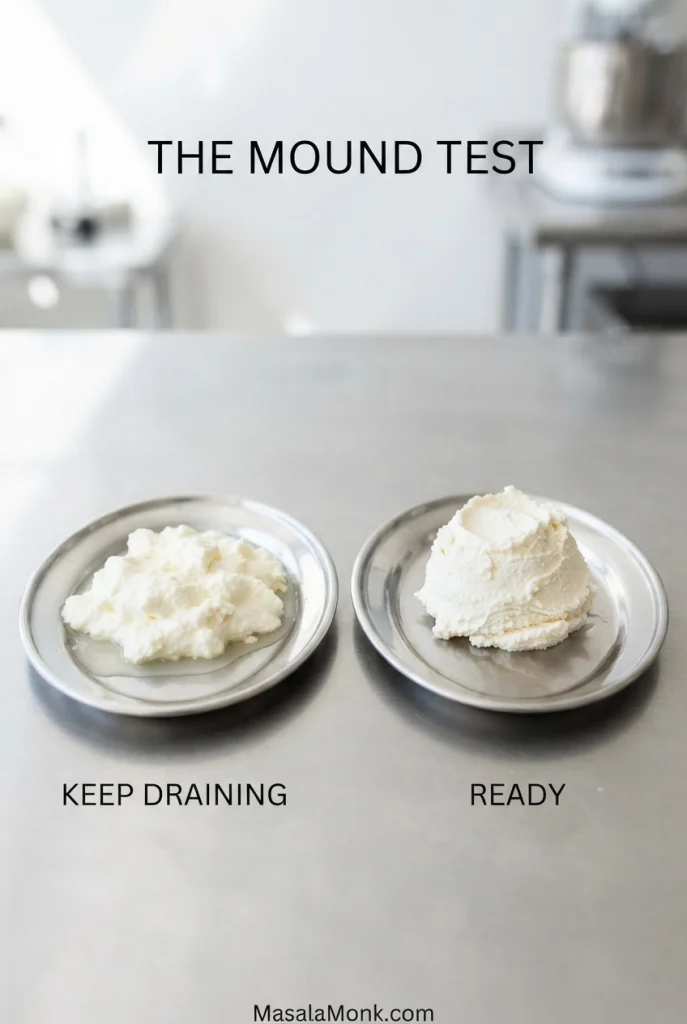 Side-by-side ricotta test showing wet ricotta spreading with whey and drained ricotta holding a firm mound.