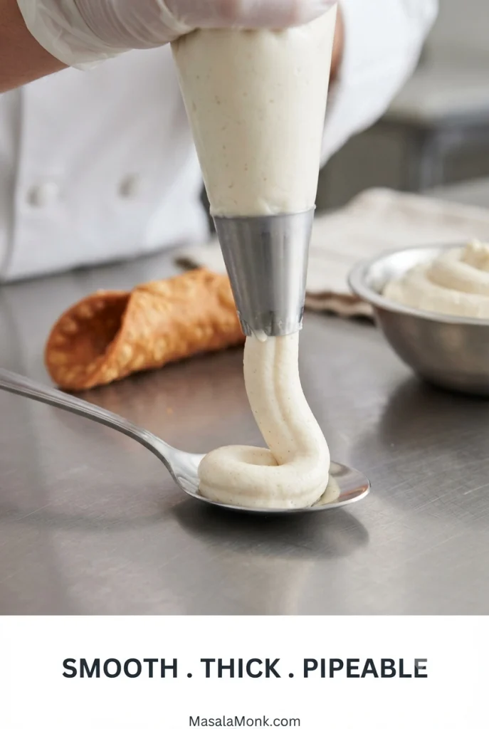 Thick ricotta filling being piped into a ridged ribbon that holds its shape beside a cannoli shell.