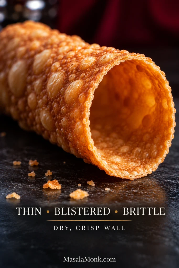 Close-up of the open end of a golden cannoli shell showing a thin wall and irregular blistered surface.