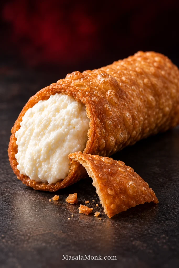 Close-up of a golden cannolo filled with thick ricotta beside a broken crisp shell fragment.